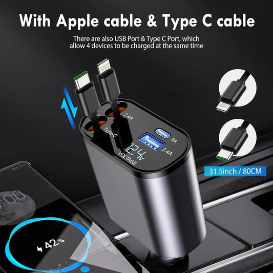 120W 4-in-1 Retractable Fast Car Charger | Type-C & iPhone Compatible