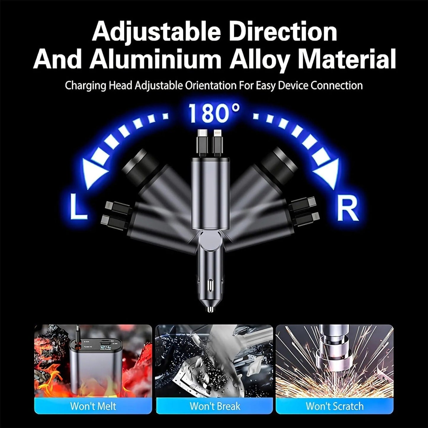 120W 4-in-1 Retractable Fast Car Charger | Type-C & iPhone Compatible