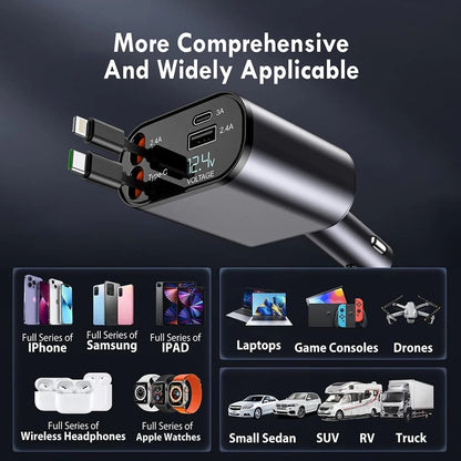 120W 4-in-1 Retractable Fast Car Charger | Type-C & iPhone Compatible